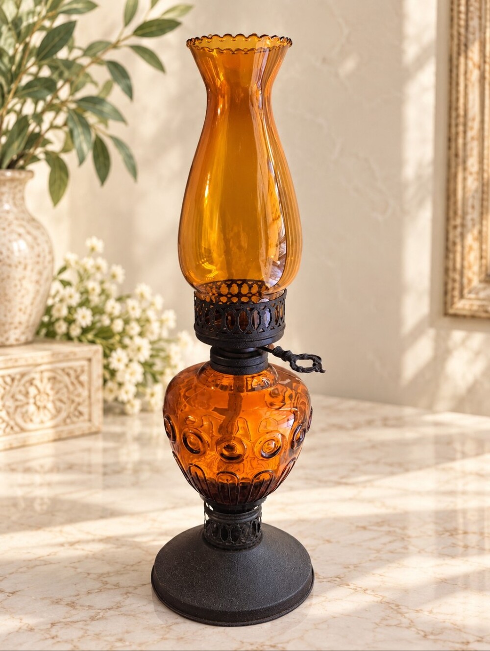 Vintage 1950s Amber Glass Bullseye & Loop Pattern Oil Lamp with Chimney